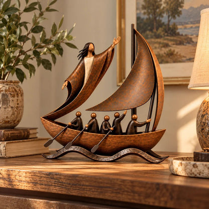 ⛵ Guided by Faith – Sailing Boat Sculpture with a Vintage Bronze-Tone Finish