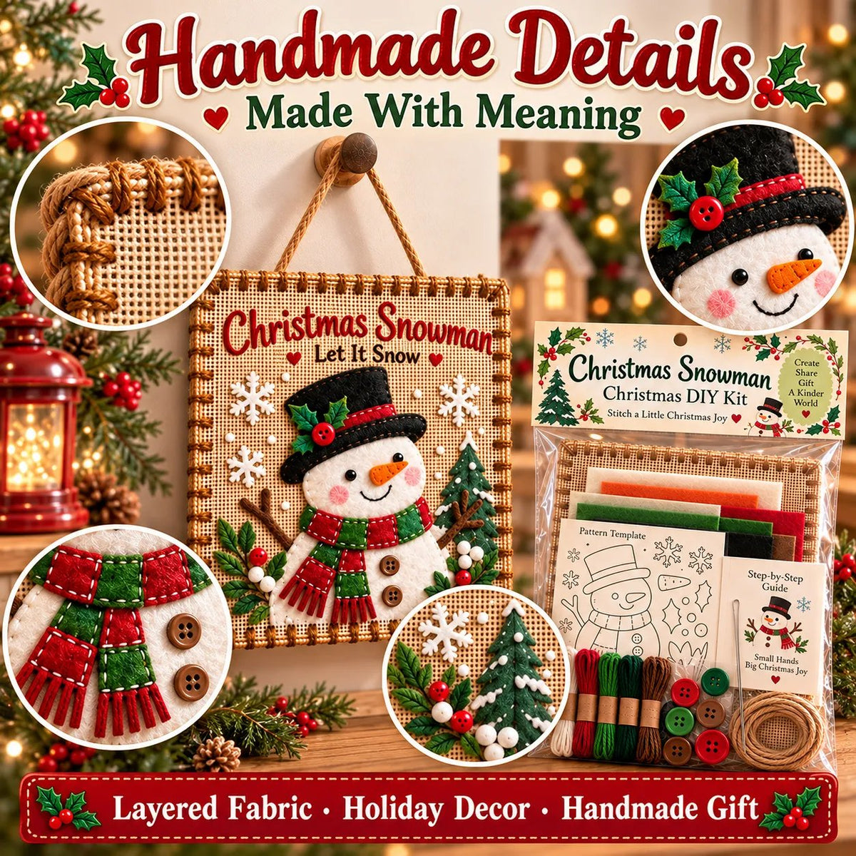 Close-up details of handmade Christmas felt decorations