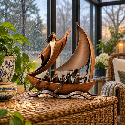 ⛵ Guided by Faith – Sailing Boat Sculpture with a Vintage Bronze-Tone Finish