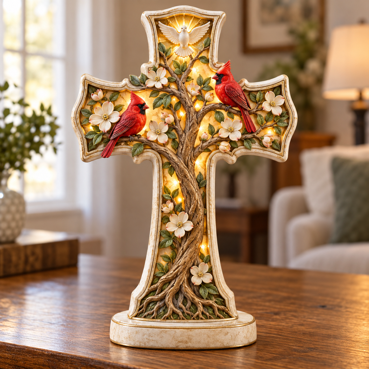 Mother and adult daughter sharing a warm moment beside the illuminated cardinal cross