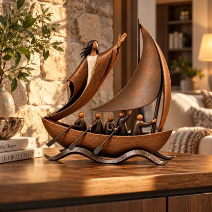 ⛵ Guided by Faith – Sailing Boat Sculpture with a Vintage Bronze-Tone Finish