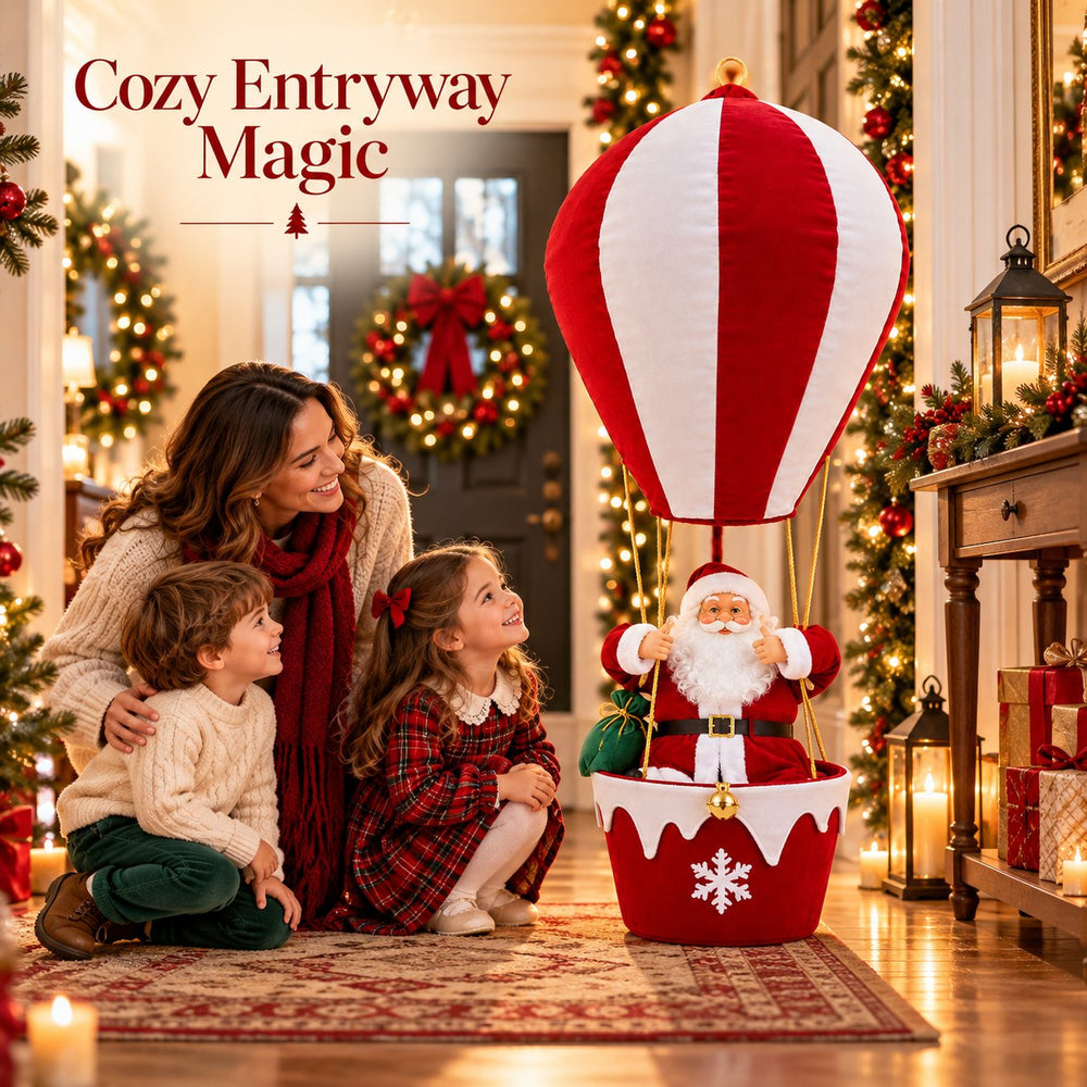 A mother and children admiring the Santa balloon decoration in a festive entryway