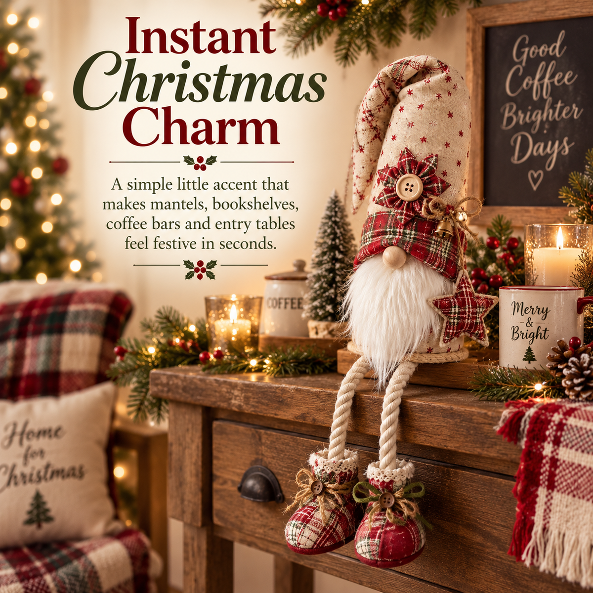 Plaid Christmas Gnome Shelf Sitter
