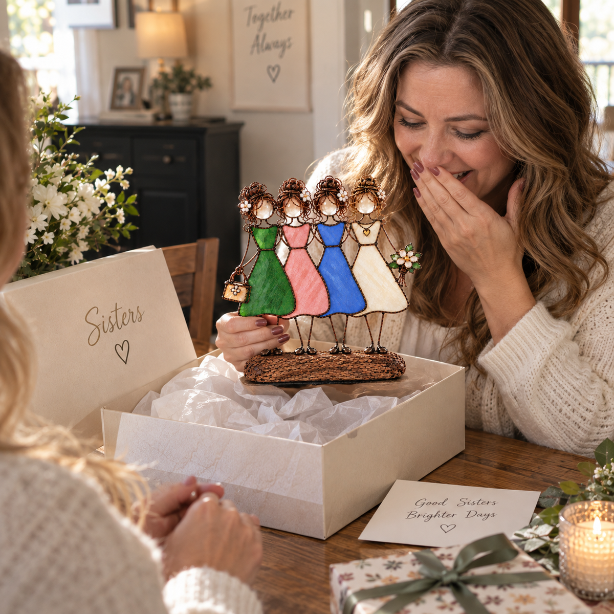 Woman receiving four sisters friendship figurine as a gift