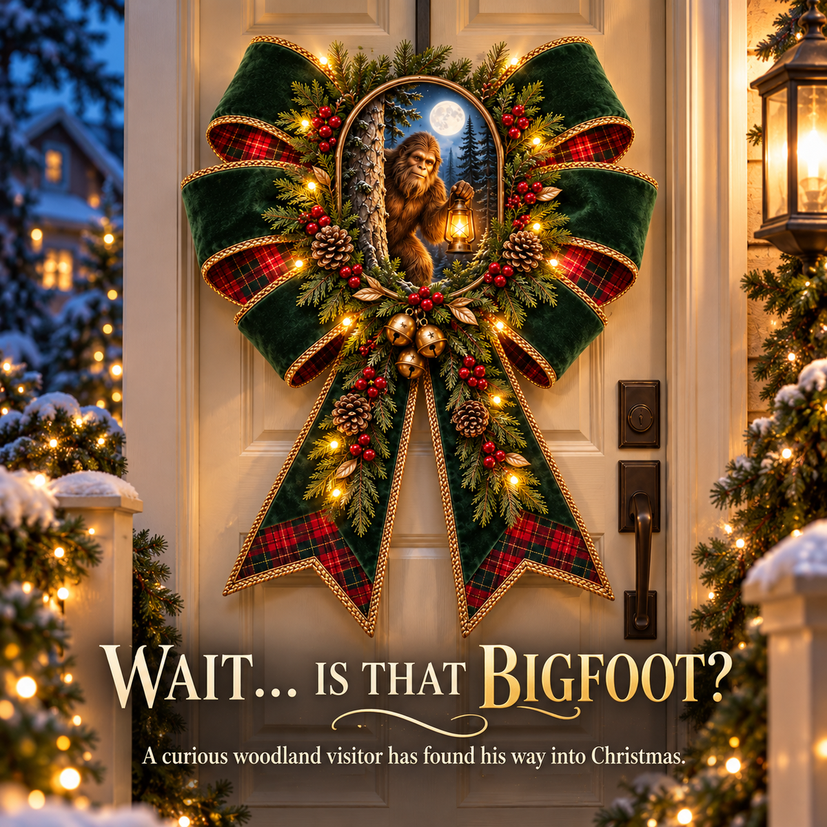 👣 Bigfoot’s Lantern Hideout™ – Lighted Woodland Christmas Door Bow with Warm Lights