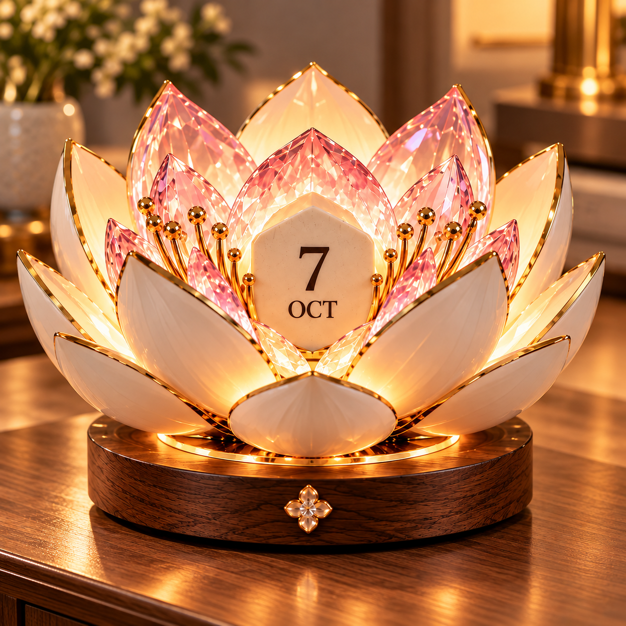 Blooming calendar in the open position with softly illuminated date