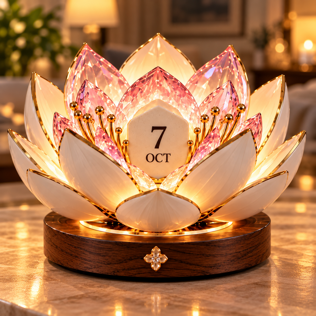 Automatic blooming perpetual calendar opening its illuminated petals