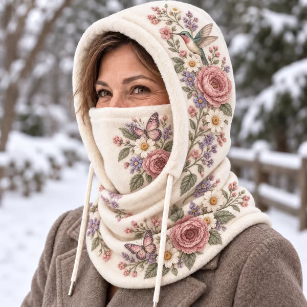 🌸 Women’s Floral 3-in-1 Winter Hood – Fleece-Lined Embroidered Hat, Face Cover & Neck Warmer
