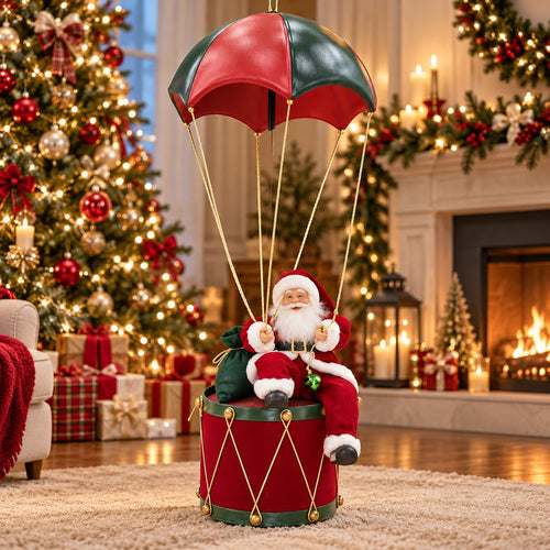 Santa B with a red and green parachute
