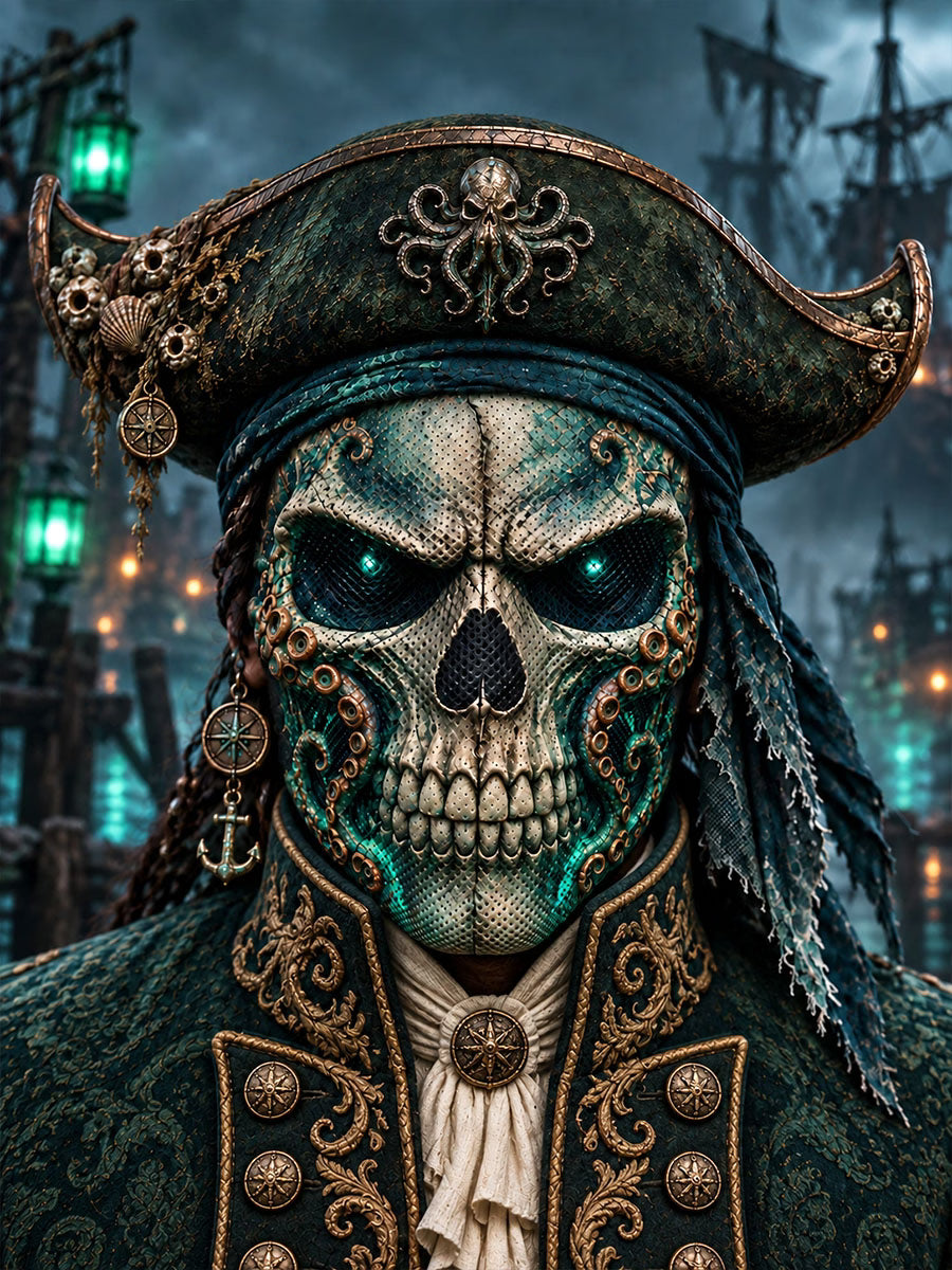 Sea-inspired pirate skull face covering in a dark harbor setting