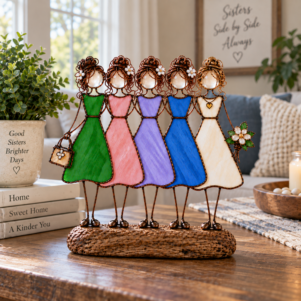 Side by Side Sisters Stained Glass-Inspired Friendship Figurine