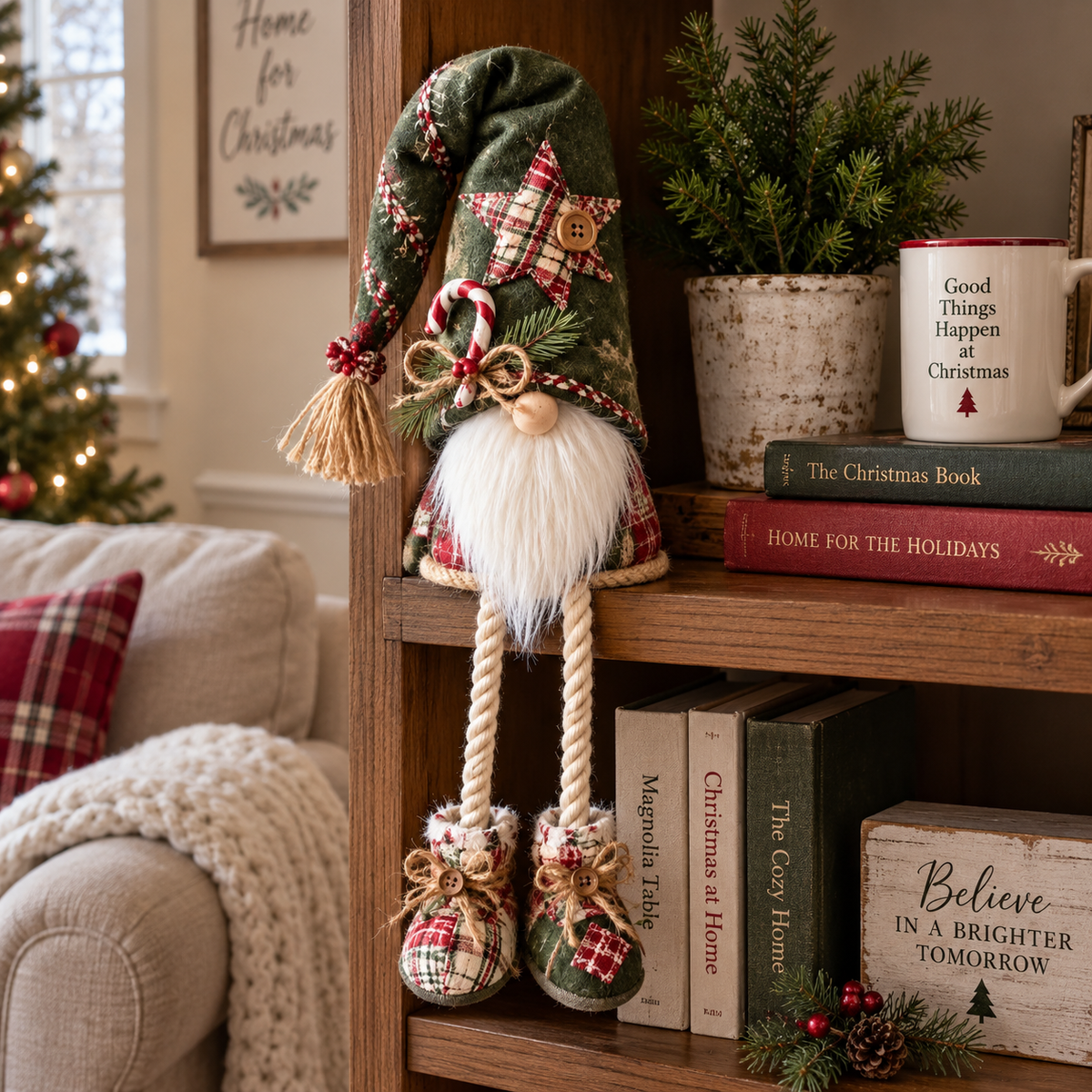 Plaid Christmas Gnome Shelf Sitter