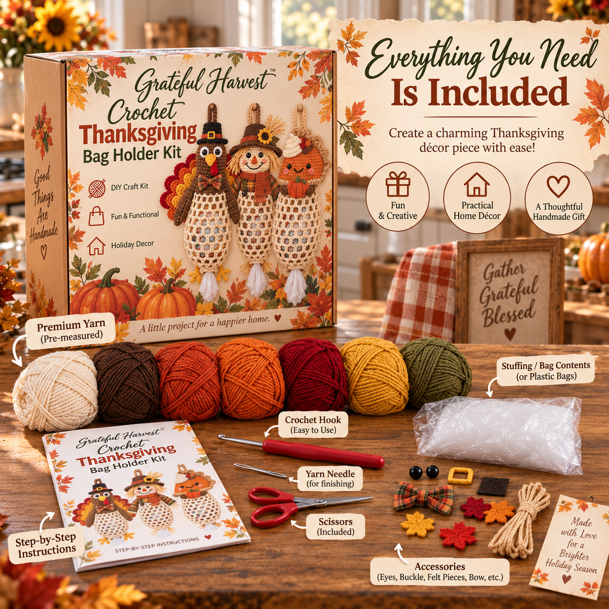 Grateful Harvest™ Thanksgiving Crochet Bag Holder DIY Kit – Functional Fall Kitchen Decor Craft Kit