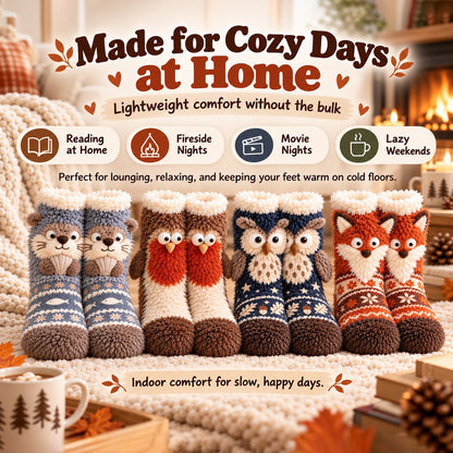 🦊🐦 Cozy 3D Animal Fuzzy Slipper Socks – Cute & Warm House Socks 🦦🦉