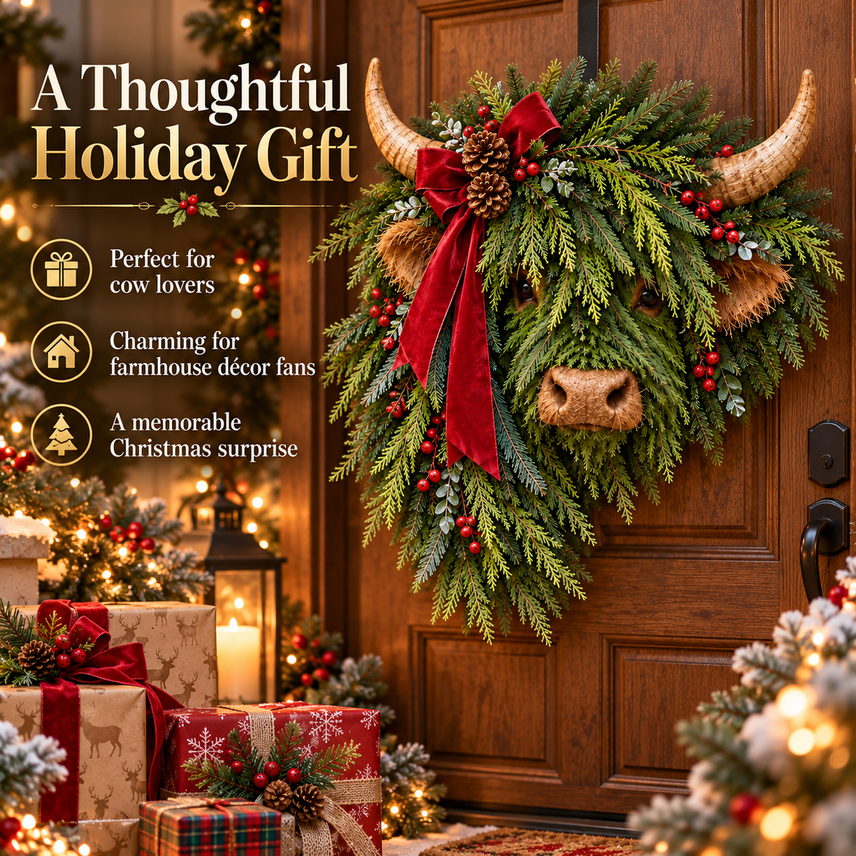 Highland Cow Christmas Wreath – Rustic Farmhouse Holiday Door Decoration with Cascading Greenery &amp; Red Velvet Bow