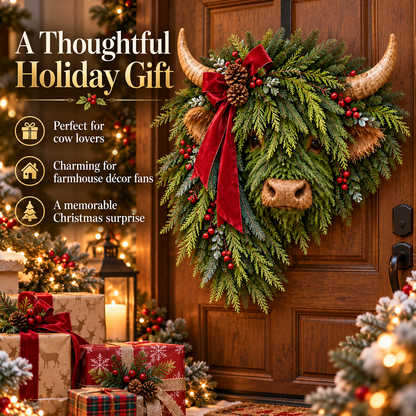 Highland Cow Christmas Wreath – Rustic Farmhouse Holiday Door Decoration with Cascading Greenery &amp; Red Velvet Bow