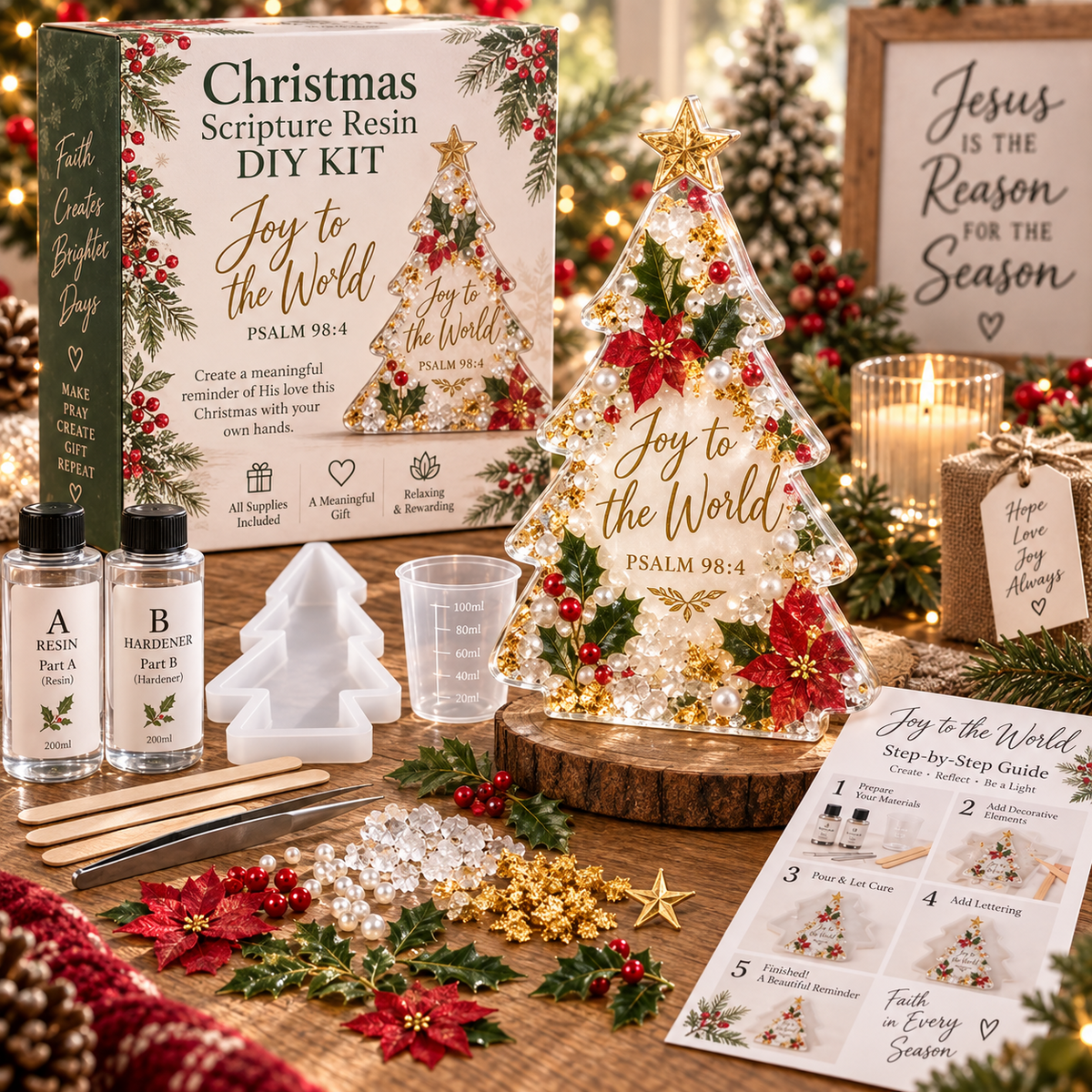 Bethlehem Star resin kit contents, three-step creation process, and finished Glory to God Scripture keepsake