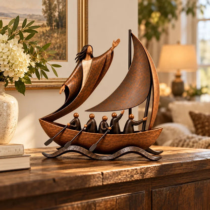 ⛵ Guided by Faith – Sailing Boat Sculpture with a Vintage Bronze-Tone Finish