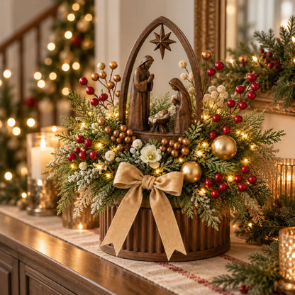 🌸Centro de mesa navideño con nacimiento e iluminación de velas