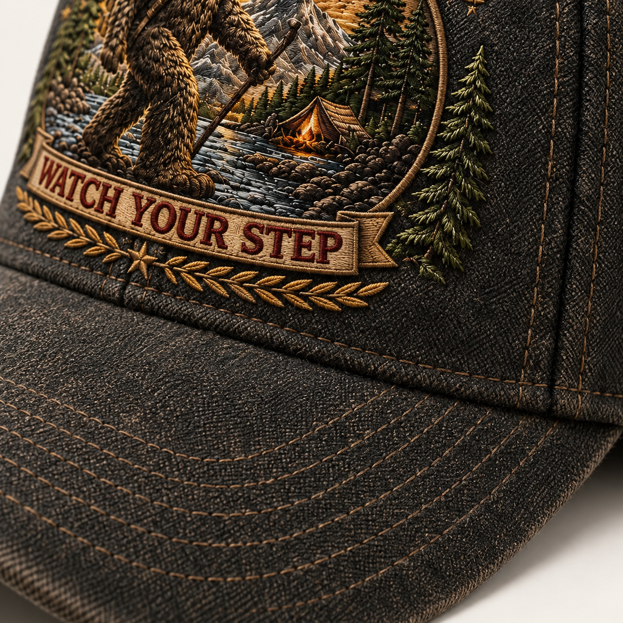 Vintage washed Bigfoot Country Cap fabric texture
