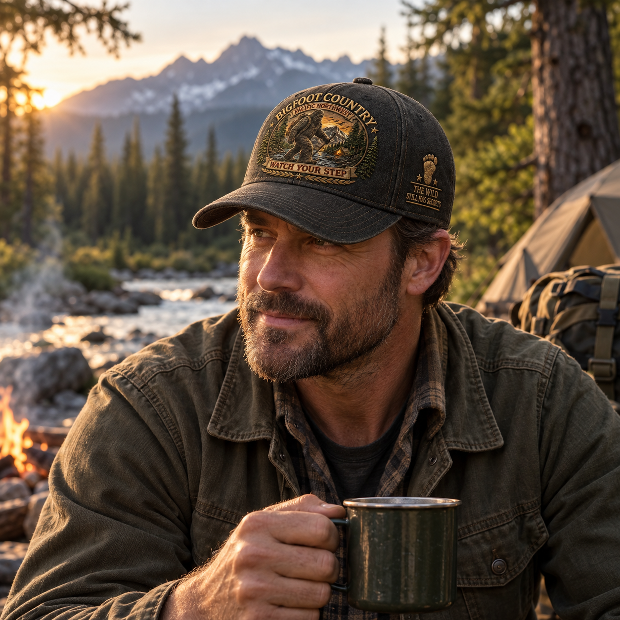 Vintage Black Bigfoot Country Cap worn outdoors