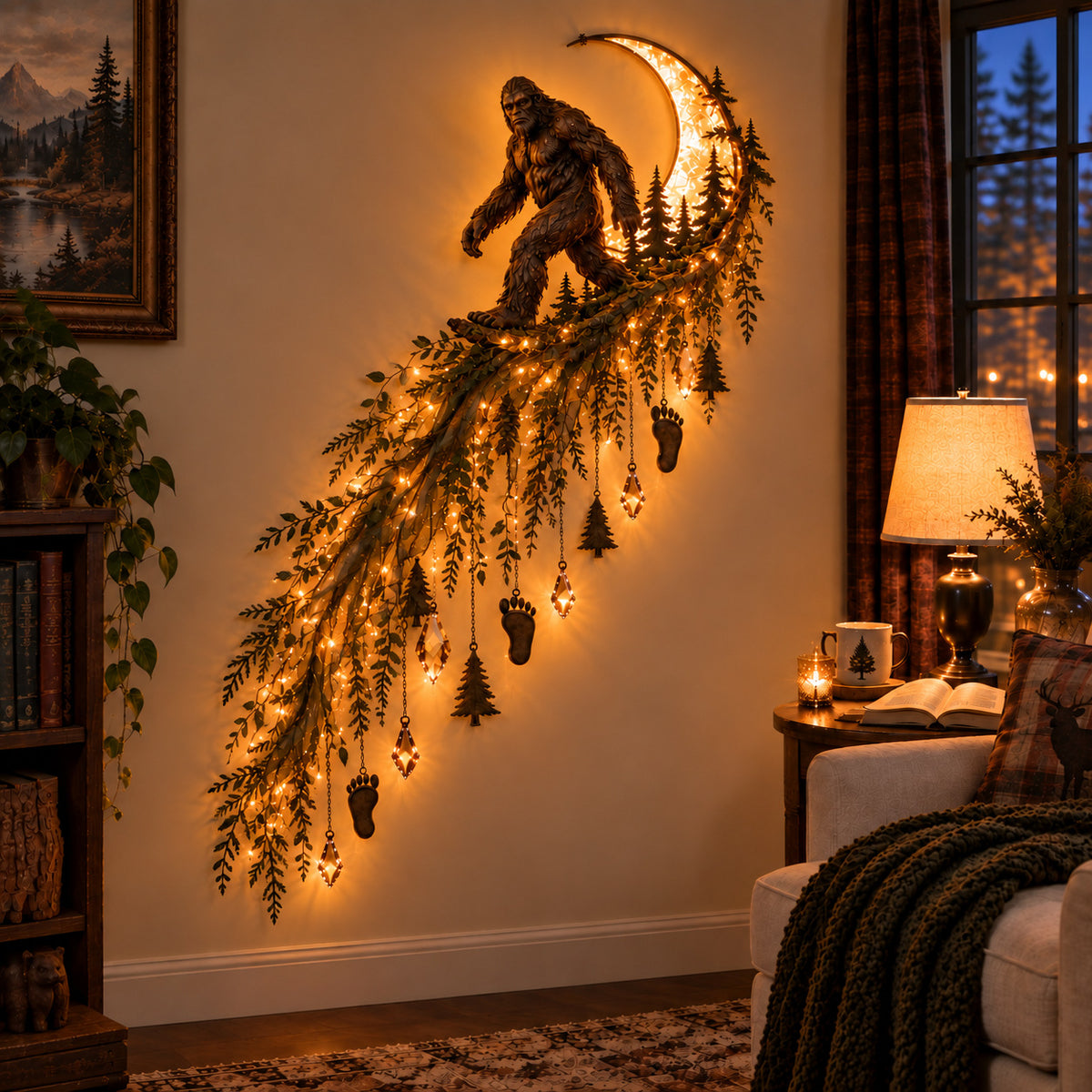 Bigfoot crescent moon wall light with woodland pendants in a cozy living room
