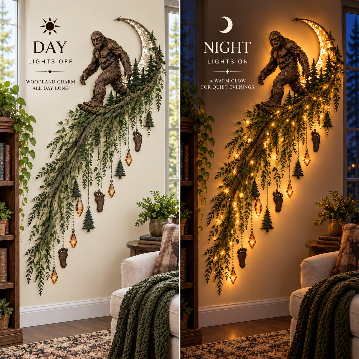 Day: lights off, woodland charm all day long. Night: lights on, a warm glow for quiet evenings