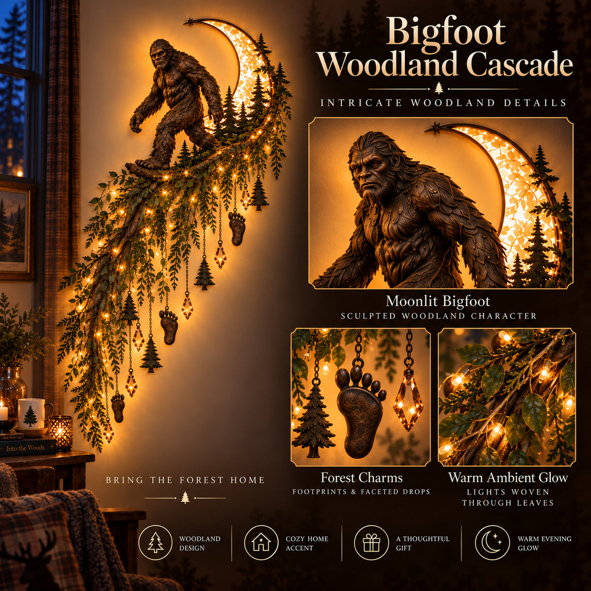 Full design and close views of the sculpted Bigfoot, crescent, footprint and pine charms, faceted drops and light-wrapped leaves