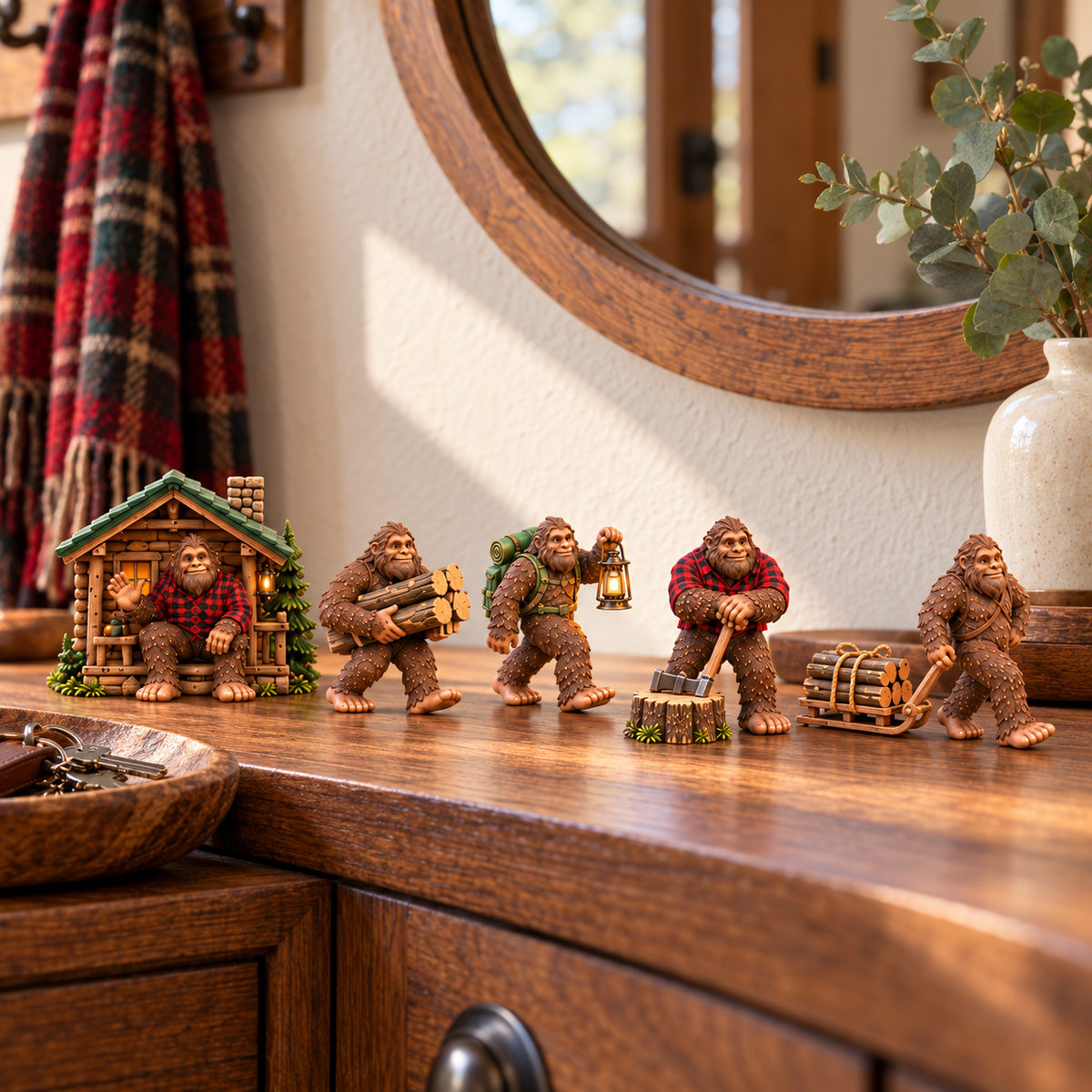 Cabin, lantern, chopping and firewood Bigfoot figurines arranged on a wooden entryway console