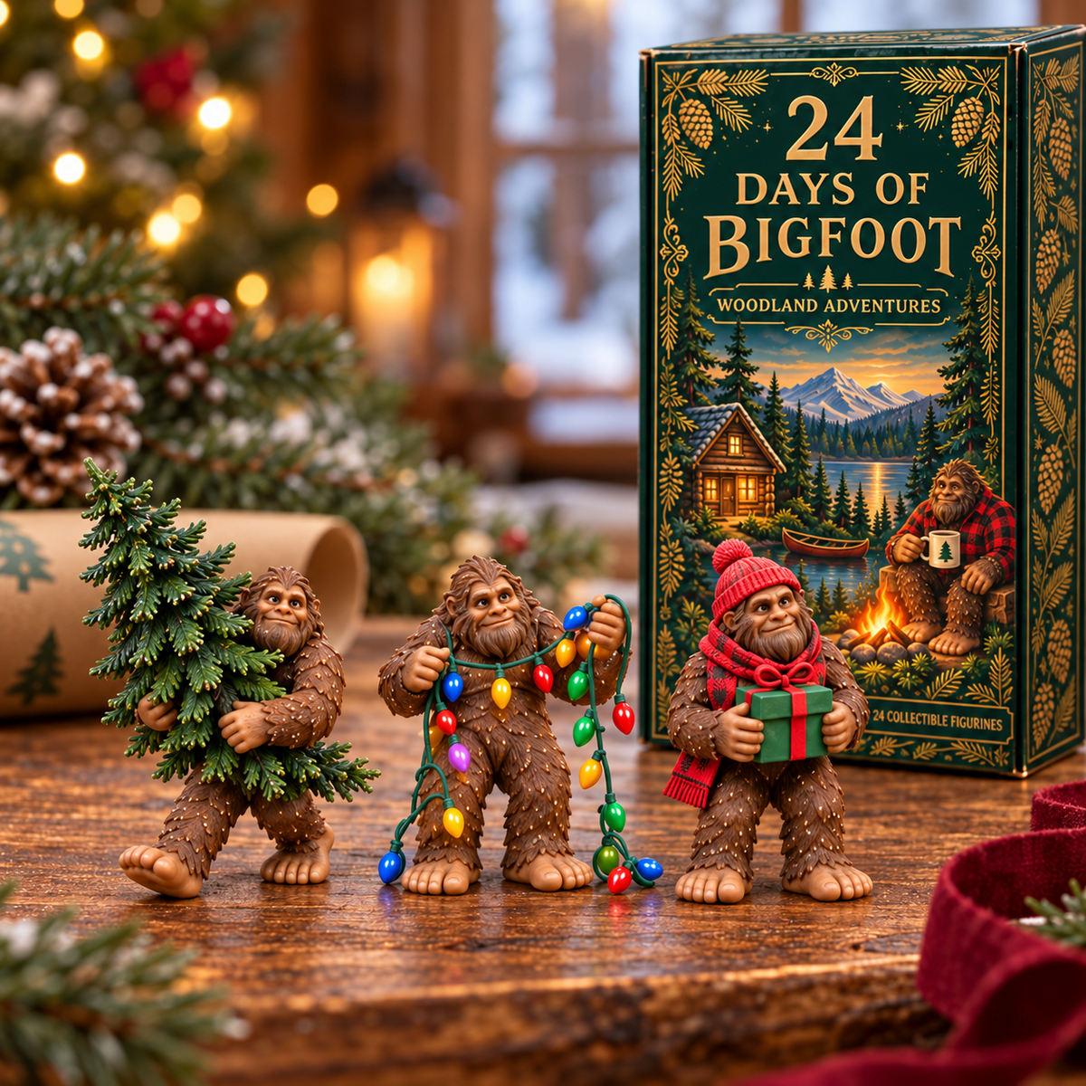 Three festive Bigfoot figurines carrying a tree, colorful lights and a wrapped gift beside the advent calendar box
