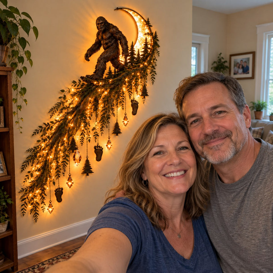 AI-generated scene: a couple beside the glowing Bigfoot crescent wall decoration