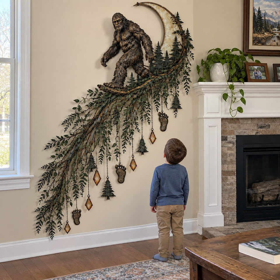 AI-generated daylight scene: unlit Bigfoot decoration beside a fireplace with a child facing away