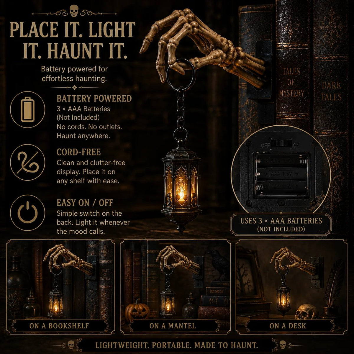⏳ Último Día 49% DE DESCUENTO – 💀 Linterna de Mano de Esqueleto – Decoración Gótica para Estantería con Luz Cálida