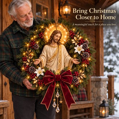 ✝️ Pre-Lit Jesus Christmas Wreath | Warm LED Lights, Golden Halo & Elegant Lilies 🎄
