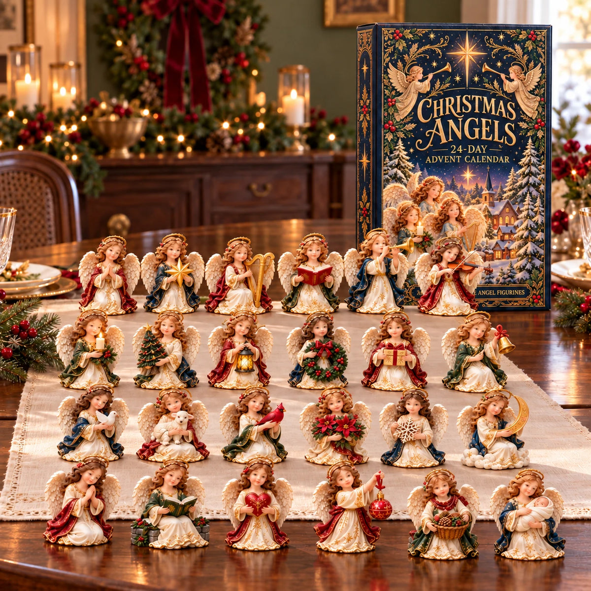 The full Christmas Angels collection with its navy and gold advent calendar box.