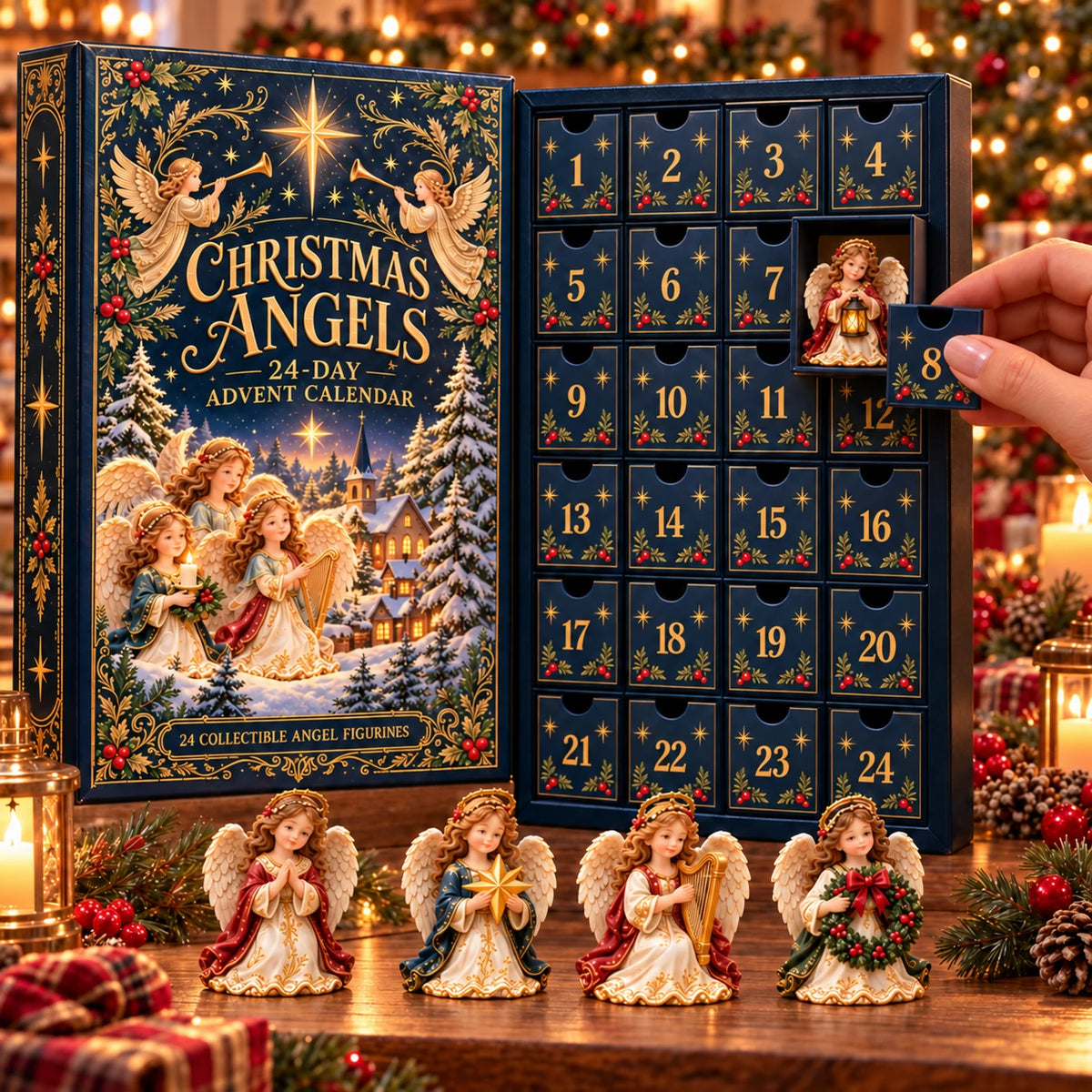 A hand opening a numbered compartment in the Christmas Angels advent calendar.