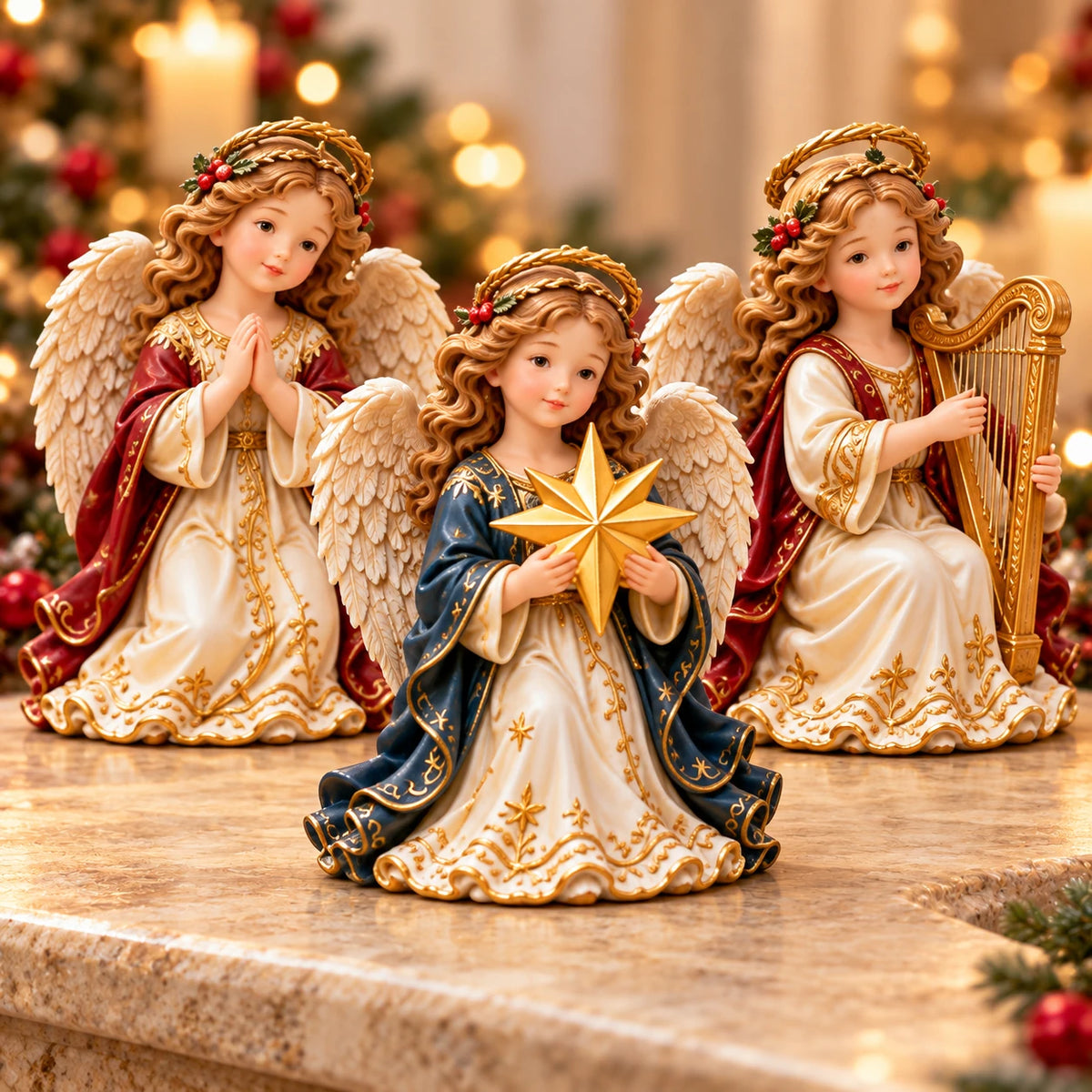Close-up of three angels with a star, praying hands, and a harp.