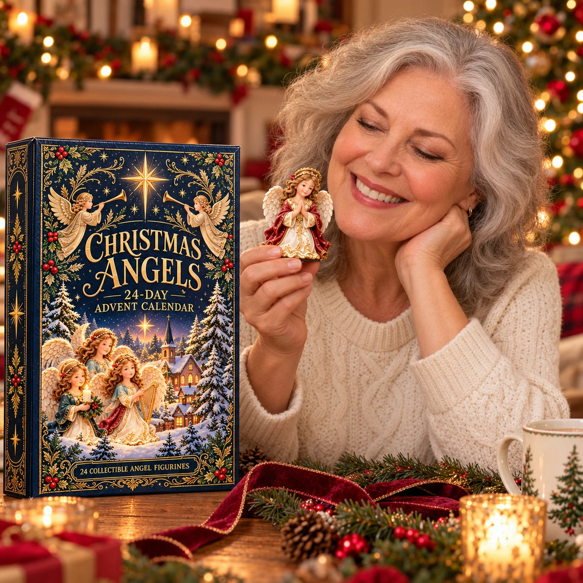 A woman holding an angel figurine beside the Christmas Angels box.