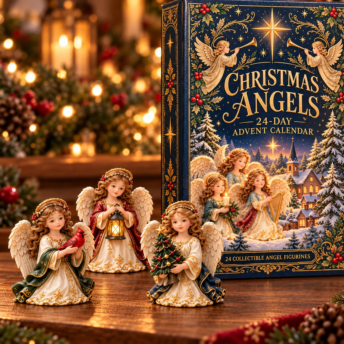 Christmas Angels illustrated box beside three festive angel figurines.