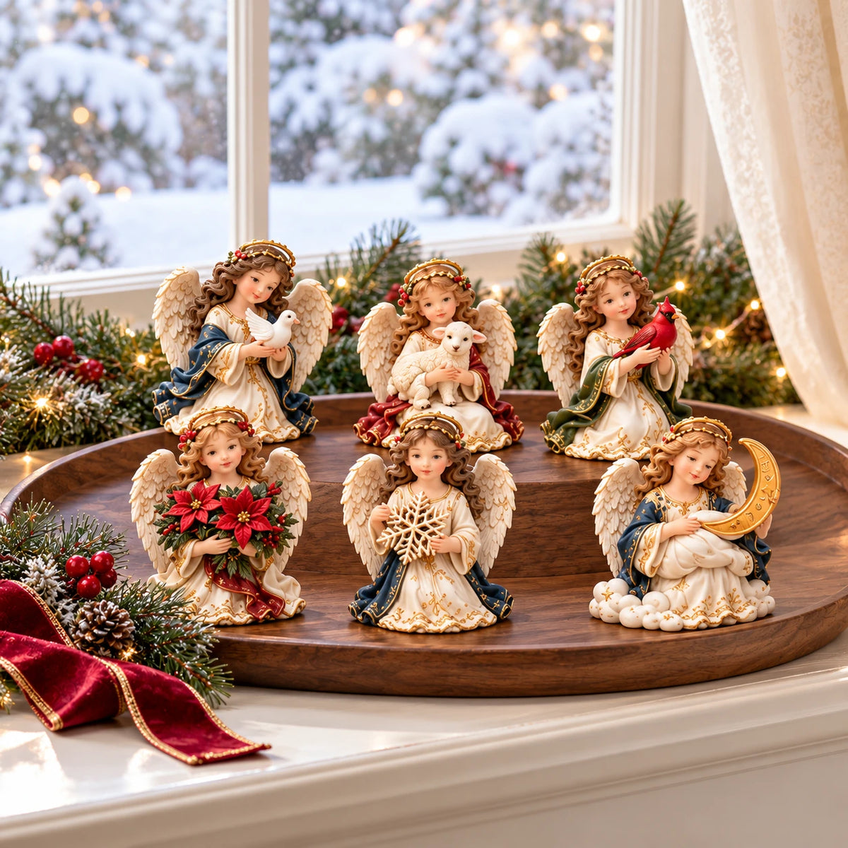 Six Christmas angels arranged on a wooden tray by a snowy window.