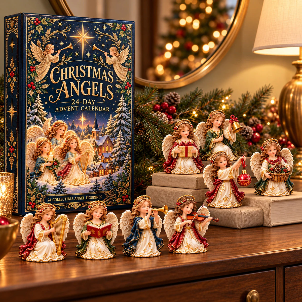 Angel figurines arranged at different heights on a console beside their box.