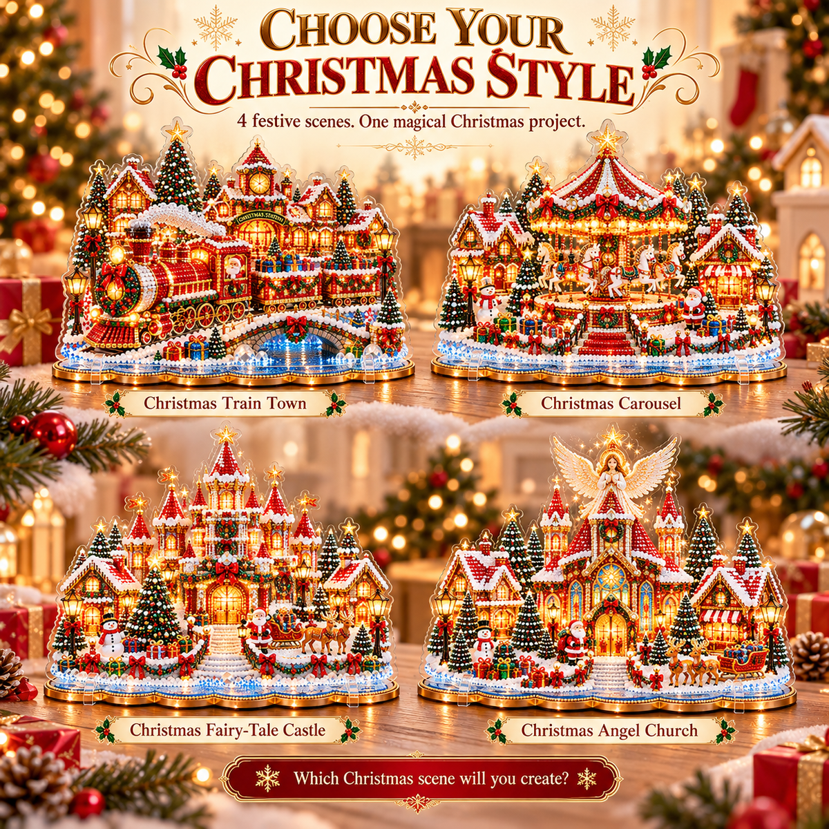 Finished Christmas village diamond art designs ready to display