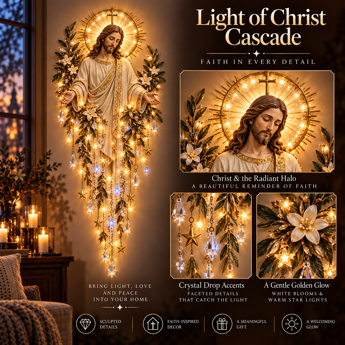 Close views of the Jesus sculpture, halo, flowers and hanging accents