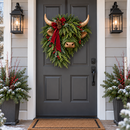 Highland Cow Christmas Wreath – Rustic Farmhouse Holiday Door Decoration with Cascading Greenery &amp; Red Velvet Bow