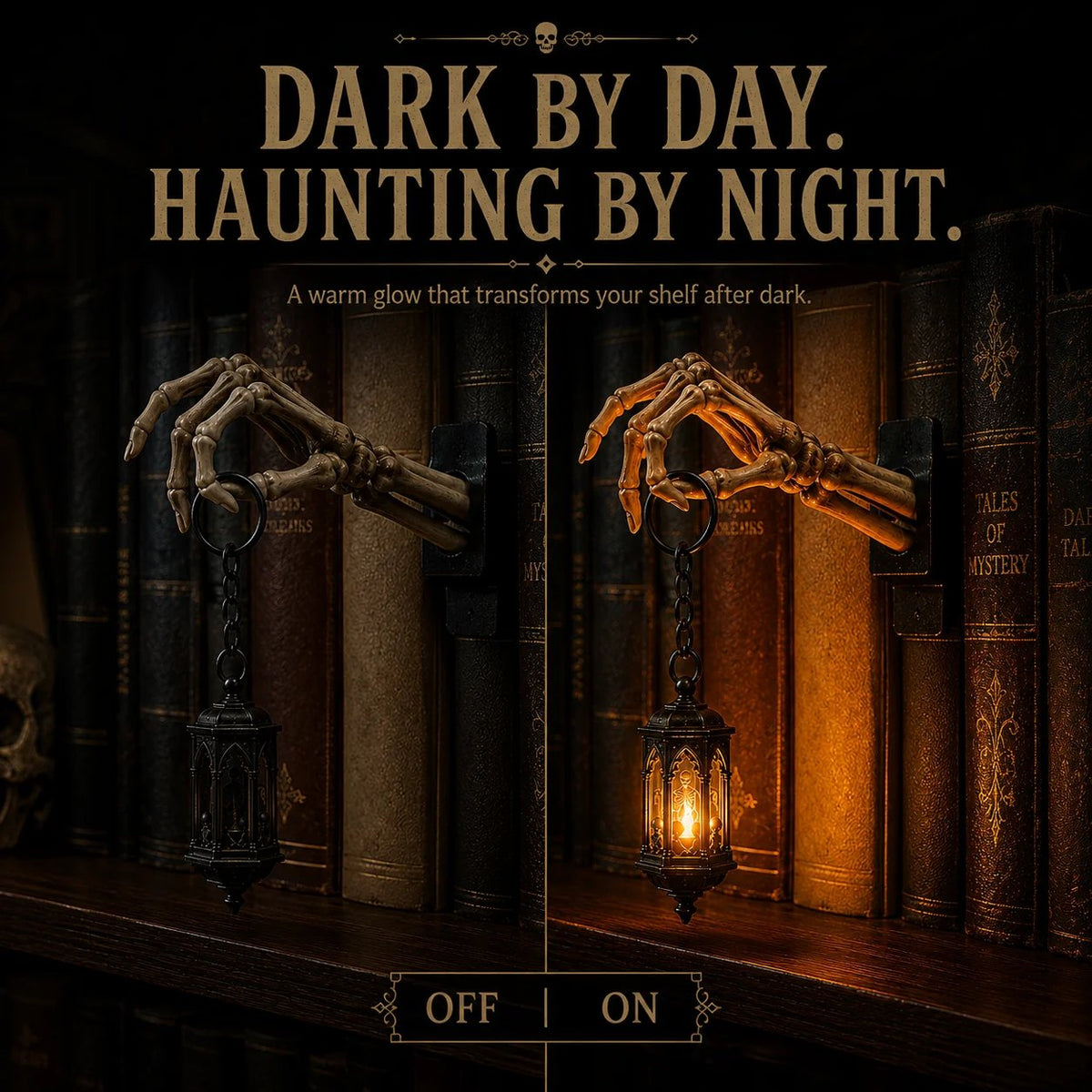 ⏳ Último Día 49% DE DESCUENTO – 💀 Linterna de Mano de Esqueleto – Decoración Gótica para Estantería con Luz Cálida