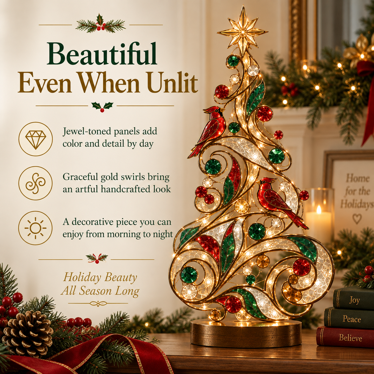 Lighted Stained Glass-Inspired Christmas Tree Tabletop Decor with Red Cardinal Birds