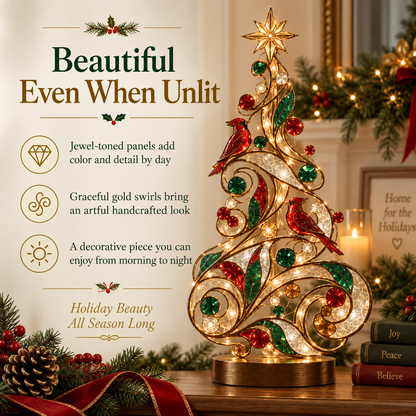 Lighted Stained Glass-Inspired Christmas Tree Tabletop Decor with Red Cardinal Birds