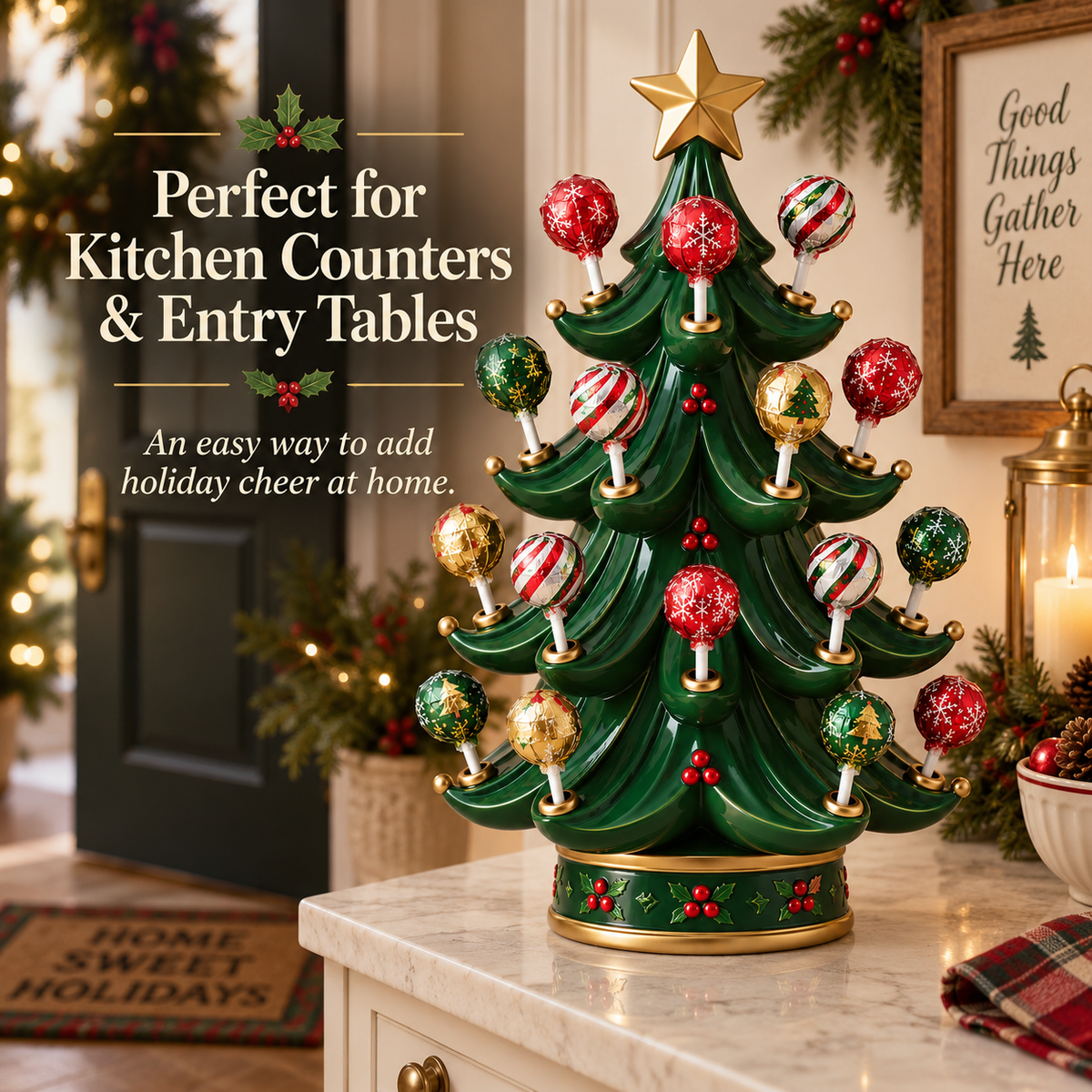 Christmas lollipop tree holder styled on a kitchen counter near an entryway