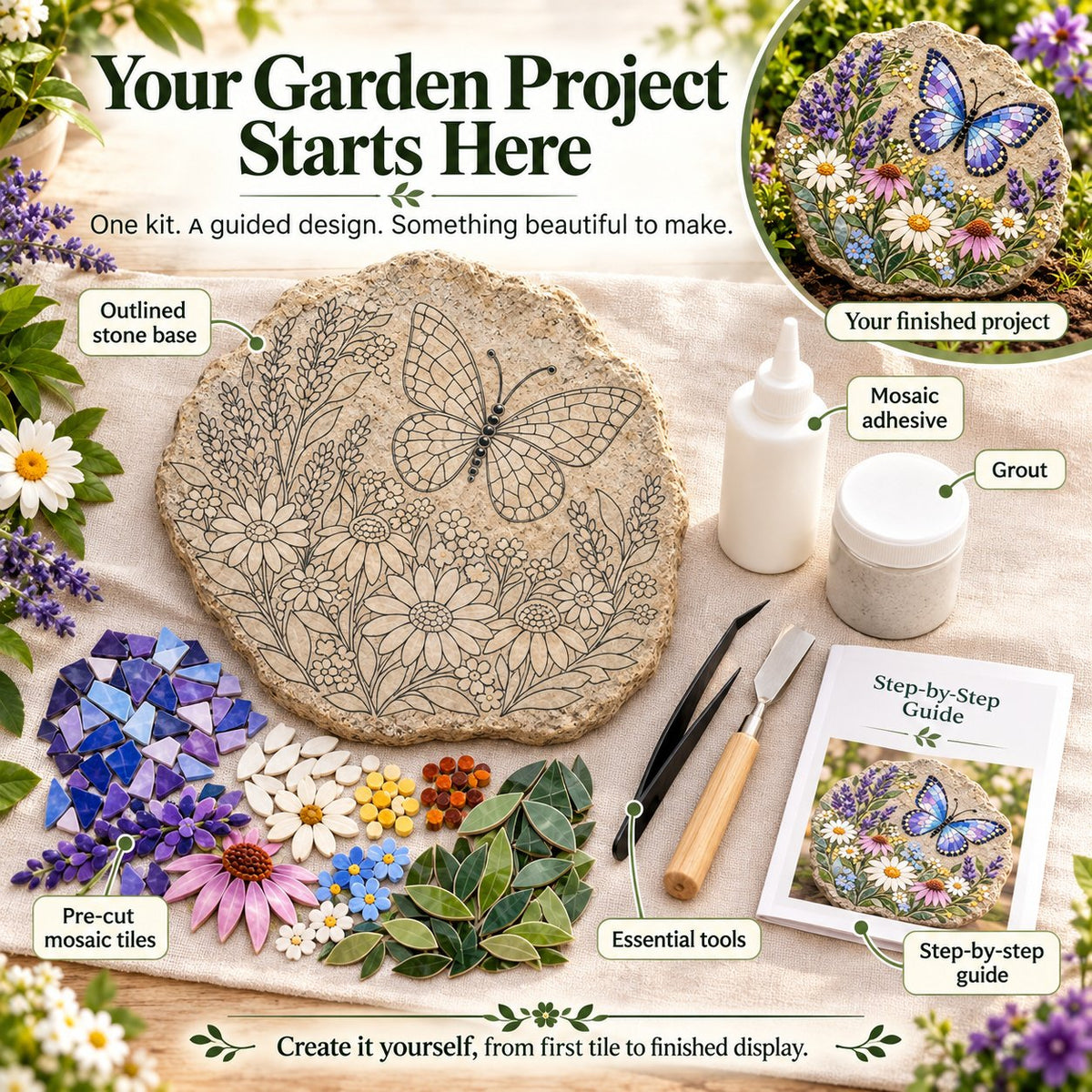 🧘Relaxing & Beginner-Friendly-🦋Butterfly Wildflower Mosaic DIY Kit(✨Complete Guided Craft Set)