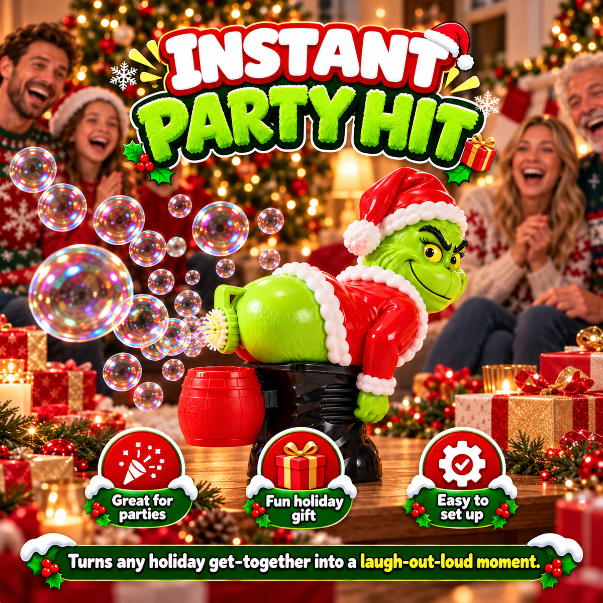 Funny Christmas Grinch Bubble Blower Toy – Automatic Bubble Machine with Music